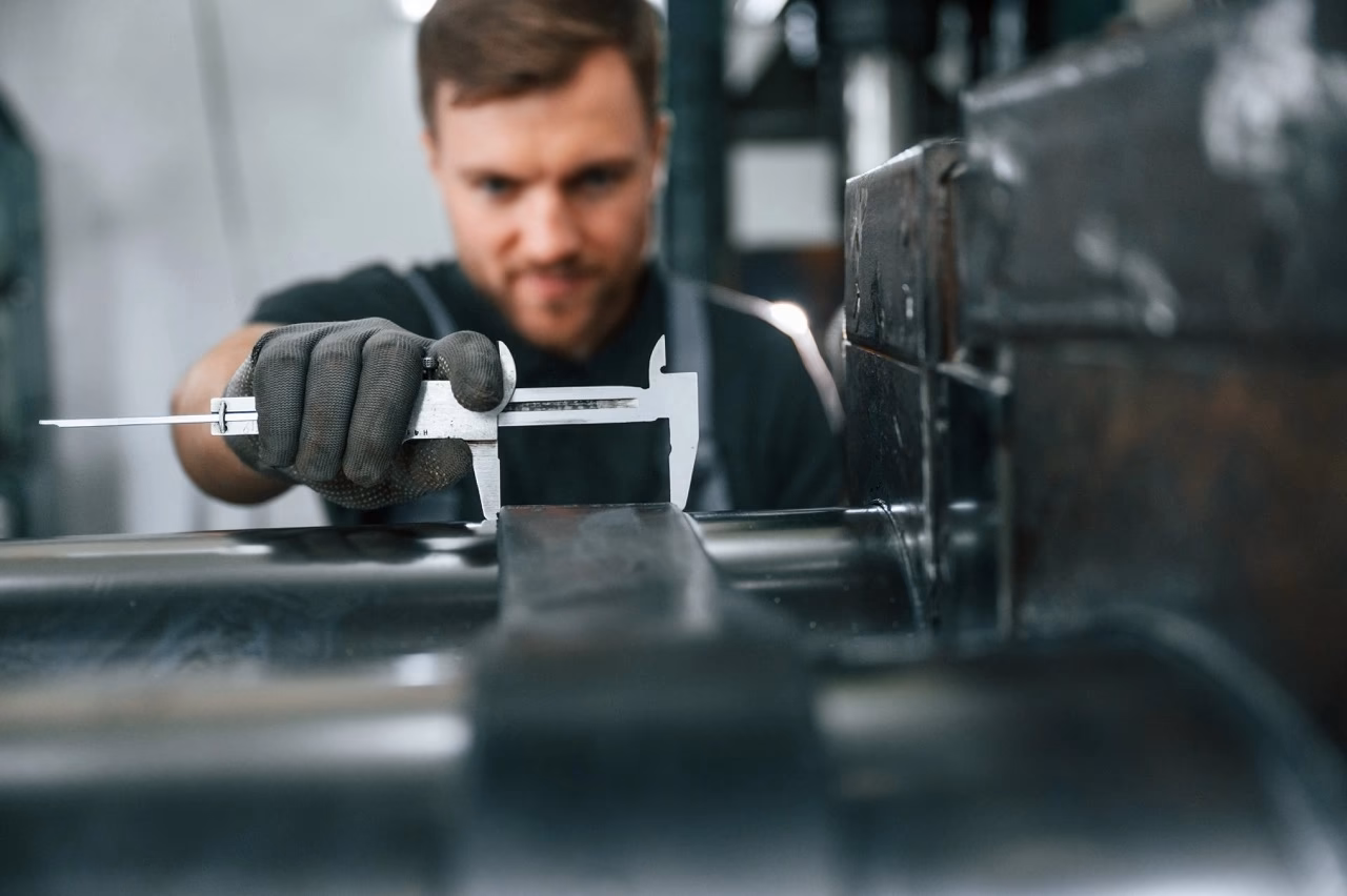 Quality inspector measuring metal component with calipers during prototype to production verification process at manufacturing facility